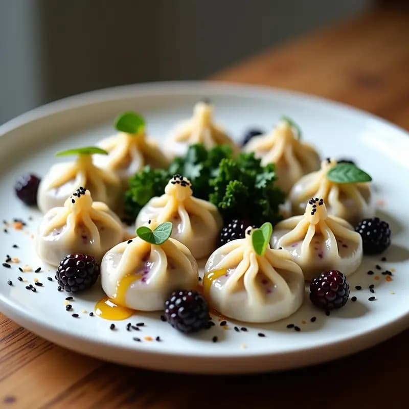 Dumplings veganos al vapor en un plato de bambú, rellenos de col rizada y zarzamoras, con salsa de jengibre y semillas de sésamo, receta china alta en antioxidantes.