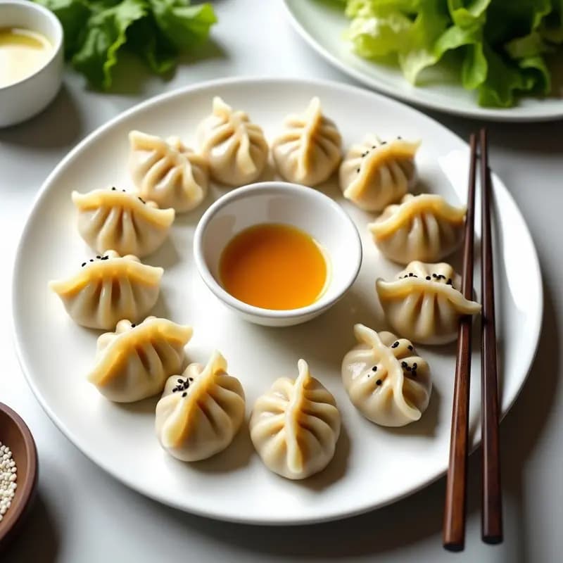 Plato blanco con dumplings japoneses de coliflor y champiñones veganos al vapor, dispuestos en círculo con salsa ponzu dorada y semillas de sésamo espolvoreadas. Fondo minimalista con hojas de lechuga y palillos chinos.