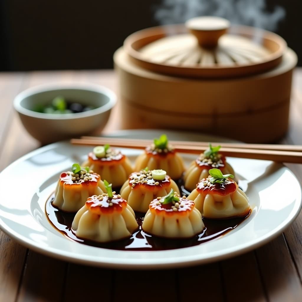 Plato blanco con dumplings de coliflor y gambas al vapor, brillantes y dorados, dispuestos en círculo. Salsa de soja negra espesa sobre ellos, espolvoreados con semillas de sésamo y cebollino picado. Fondo difuminado con vapor y utensilios chinos.