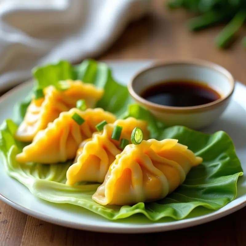 Dumplings de coliflor y queso de cúrcuma al vapor servidos sobre hojas de lechuga romana, con un brillo dorado en la masa y un relleno cremoso de color amarillo intenso. Acompañados de una salsa oscura de soja y sésamo, en un plato de porcelana blanca con detalles modernos.