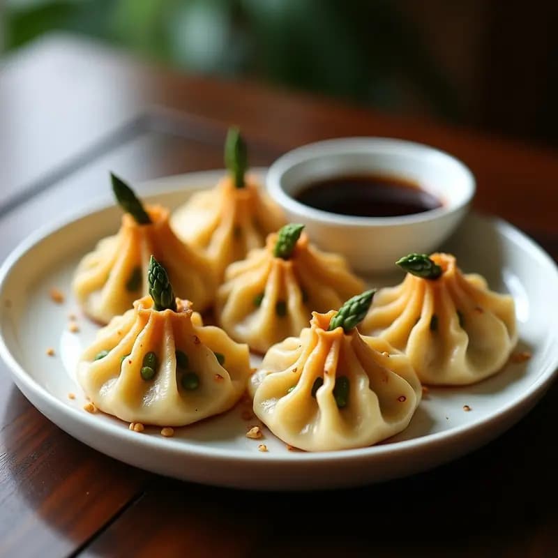 Dumplings dorados y crujientes en forma de media luna, rellenos de espárragos trigueros y queso Philadelphia, servidos en un plato blanco con salsa de soja y semillas de sésamo. Receta china en Airfryer con toque cremoso.
