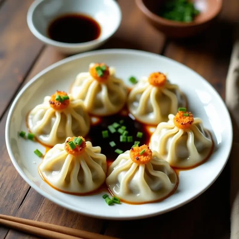 Dumplings chinos al vapor con relleno de espárragos trigueros y queso crema, servidos en plato de cerámica blanca con salsa de soja y cebollino picado. Receta sin gluten en Thermomix.