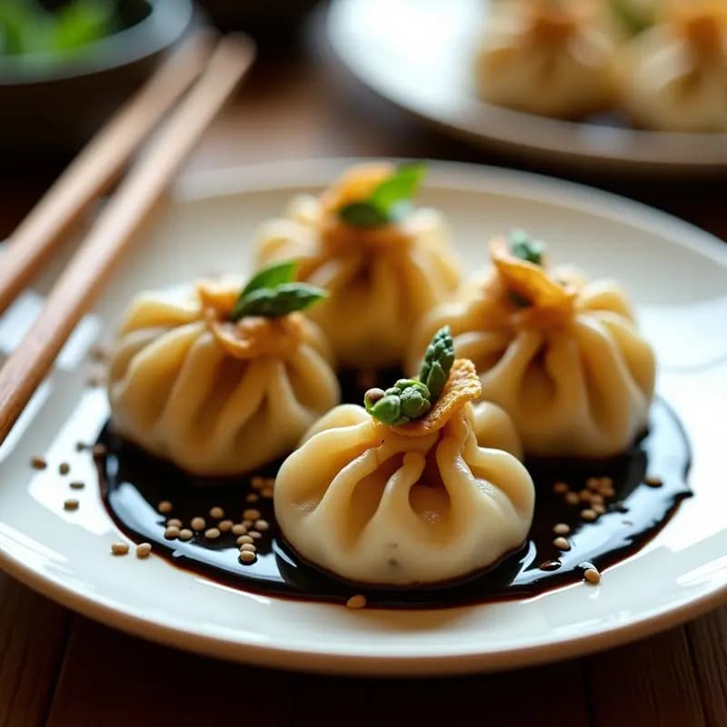 Dumplings dorados y crujientes de espárragos y tofo sedoso servidos en un plato negro, con salsa de soja y semillas de sésamo al lado. Receta vegana china en airfryer.