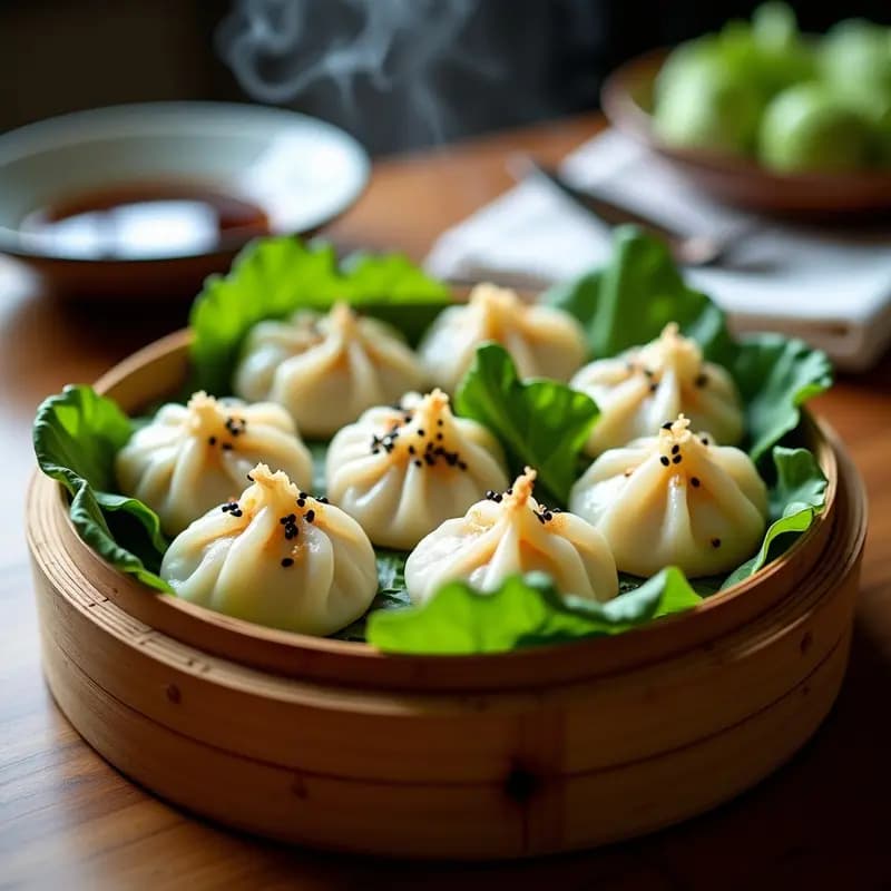 Dumplings chinos de espárragos y tofu sedoso al vapor servidos sobre hojas de lechuga romana, con semillas de sésamo negro espolvoreadas y un hilo de aceite de sésamo tostado, receta vegana y sin freír.