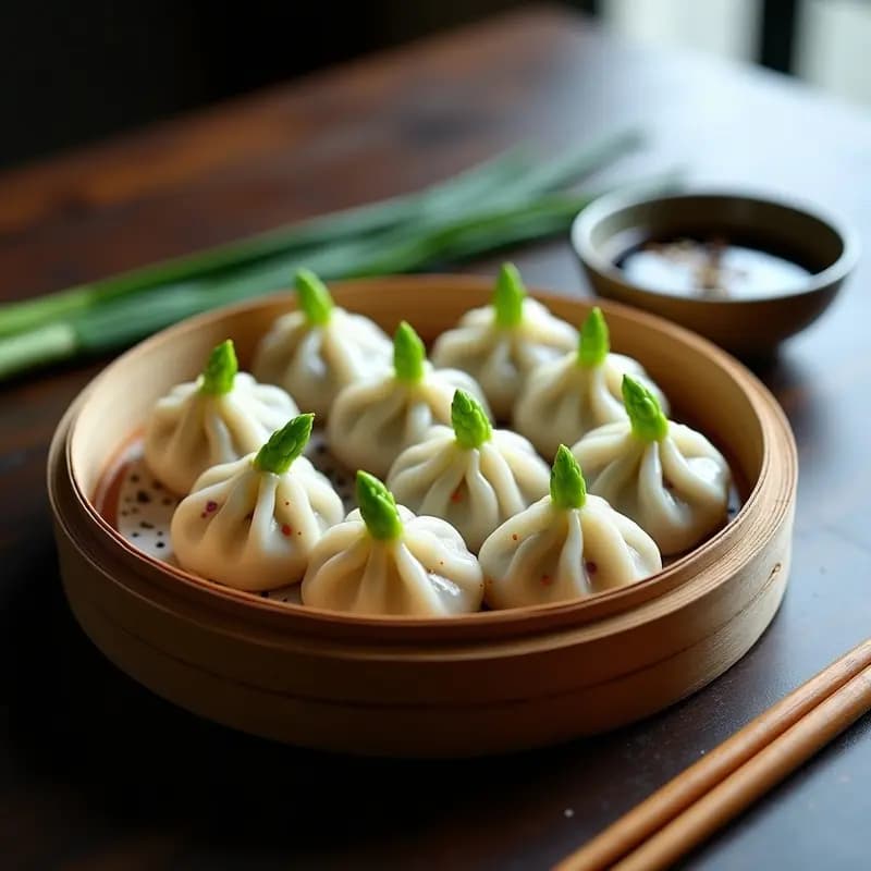 Dumplings chinos al vapor con relleno de espárragos verdes y zanahoria morada, servidos en una vaporera de bambú sobre mesa de madera, espolvoreados con semillas de sésamo y acompañados de salsa de tamari.