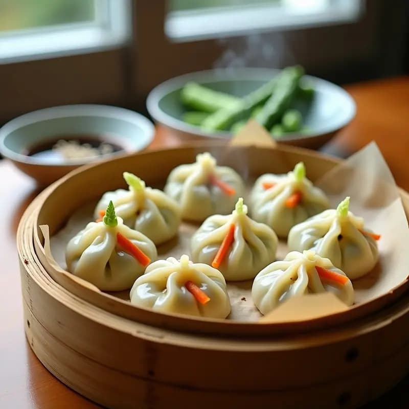 Vaporera de bambú con dumplings chinos veganos de espárragos trigueros y zanahoria, cocinados al vapor, dispuestos en círculo sobre papel de hornear con decoración de hojas de cilantro fresco.