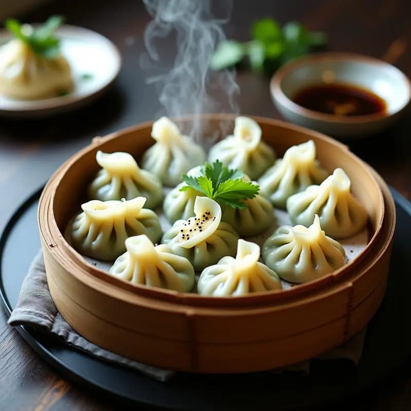 Dumplings al vapor de espinaca y queso de cabra dispuestos en vaporera de bambú, con textura translúcida y pliegues decorativos, decorados con cilantro fresco y semillas de sésamo negro sobre fondo oscuro.
