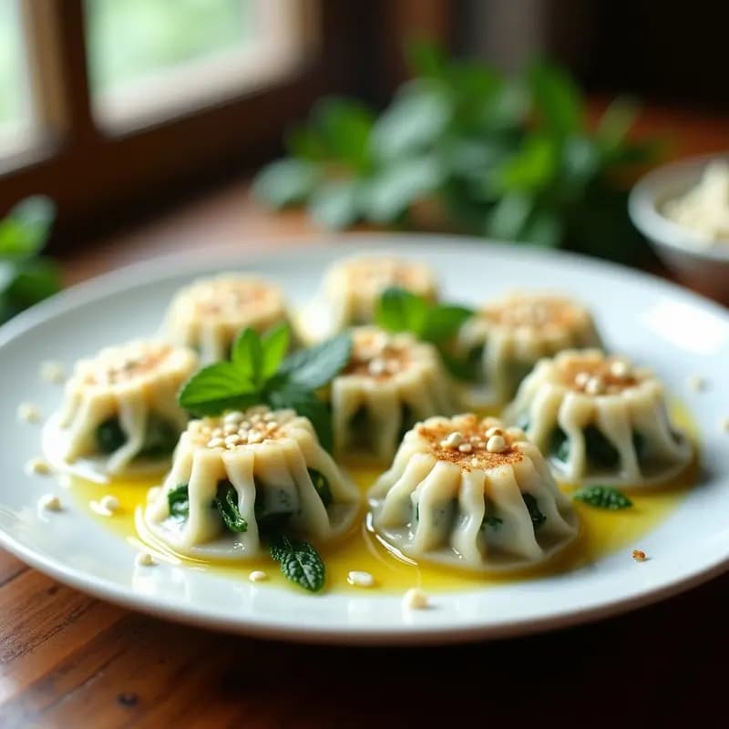 Dumplings griegos de espinaca y queso feta al vapor dispuestos en una vaporera de bambú, con un fondo de espinacas frescas y rodajas de limón. Receta sin gluten y saludable.