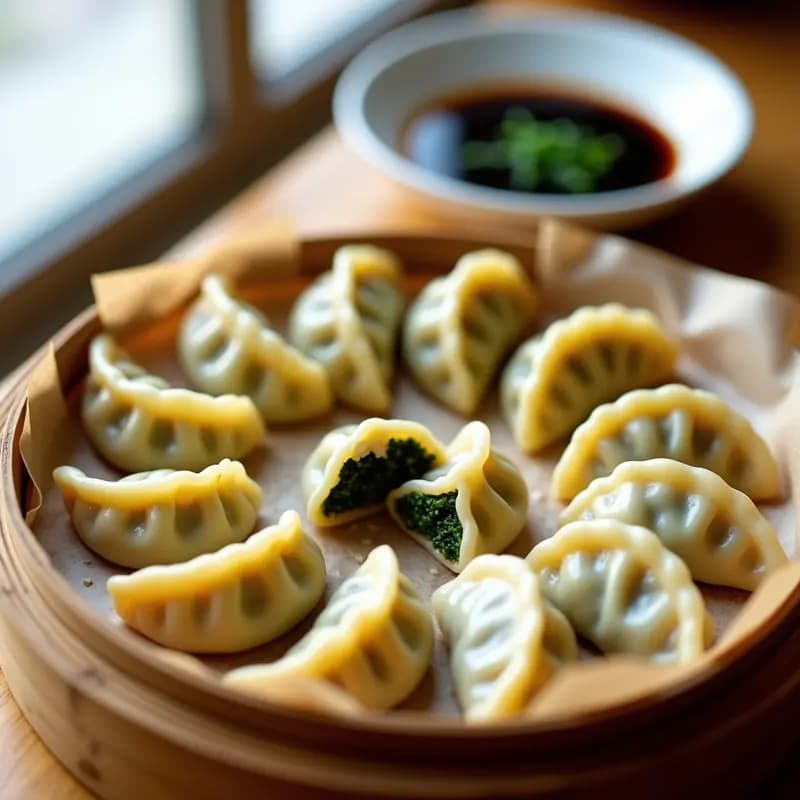 Dumplings de espinaca y queso de soja al vapor en airfryer, dispuestos en círculo sobre papel de hornear, con bordes ligeramente dorados y relleno verde visible en el corte. Acompañados de salsa de soja oscura y cebollino picado.