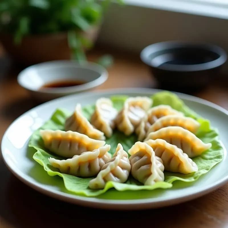 Dumplings chinos al vapor de espinaca y tofu, veganos y bajos en calorías, servidos en vaporera de bambú con semillas de sésamo negro y aceite de sésamo. Plato tradicional chino saludable.