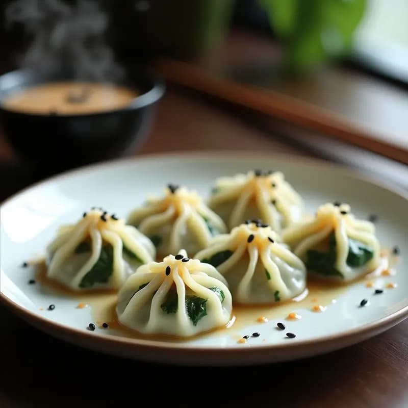 Plato blanco con dumplings de espinacas y queso feta al vapor, dispuestos en círculo, con salsa de sésamo negro en un bol pequeño al lado. Vapor visible y semillas de sésamo espolvoreadas.