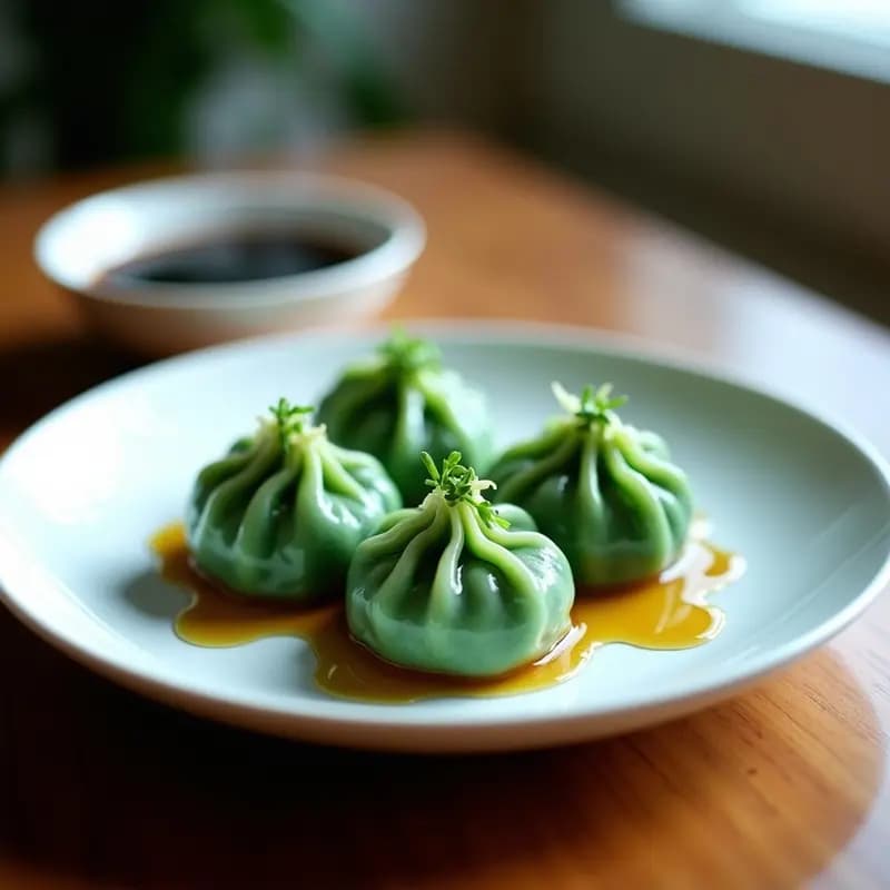Plato blanco con dumplings de espirulina y hongos shitake veganos al vapor, de color verde azulado, servidos con salsa de soja y cebollino fresco, receta china en olla express.