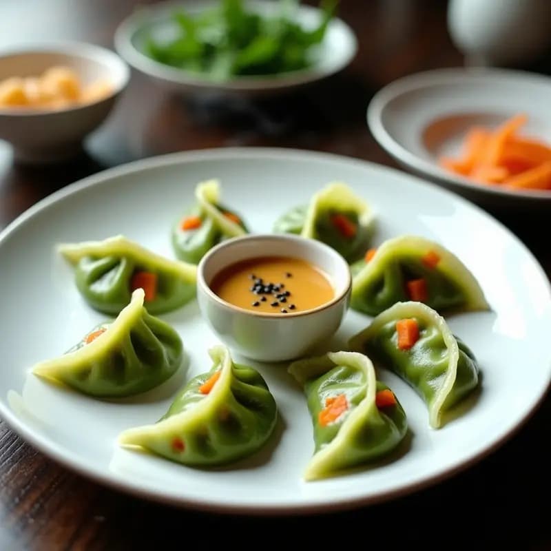 Plato blanco con dumplings de espirulina y zanahoria al vapor, de color verde intenso y forma de media luna, servidos con salsa de jengibre dorada y semillas de sésamo negro. Receta vegana y nutritiva de cocina china.