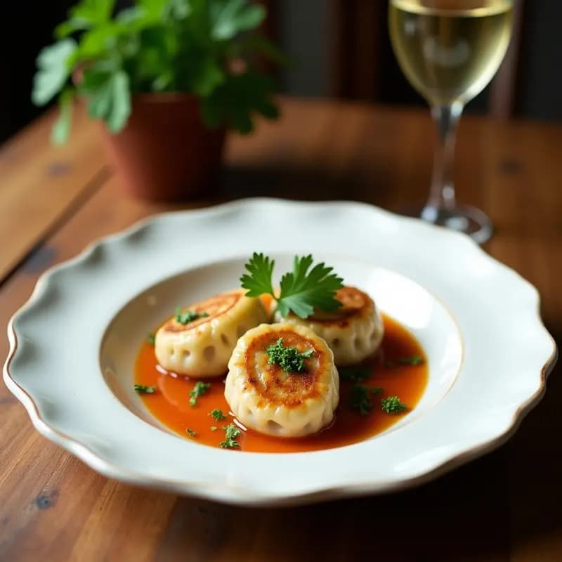 Vaporera de bambú con dumplings coreanos de gamza y cilantro al vapor sin gluten, servidos en papel de arroz con semillas de sésamo espolvoreadas y una salsa ligera al lado.