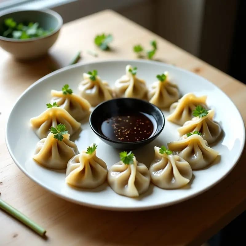 Plato blanco con dumplings al vapor de hongos ostra y bambú, dispuestos en círculo sobre hojas de cilantro, acompañados de un bol pequeño con salsa de sésamo negro espesa y brillante, con brotes de bambú y hongos ostra como decoración.