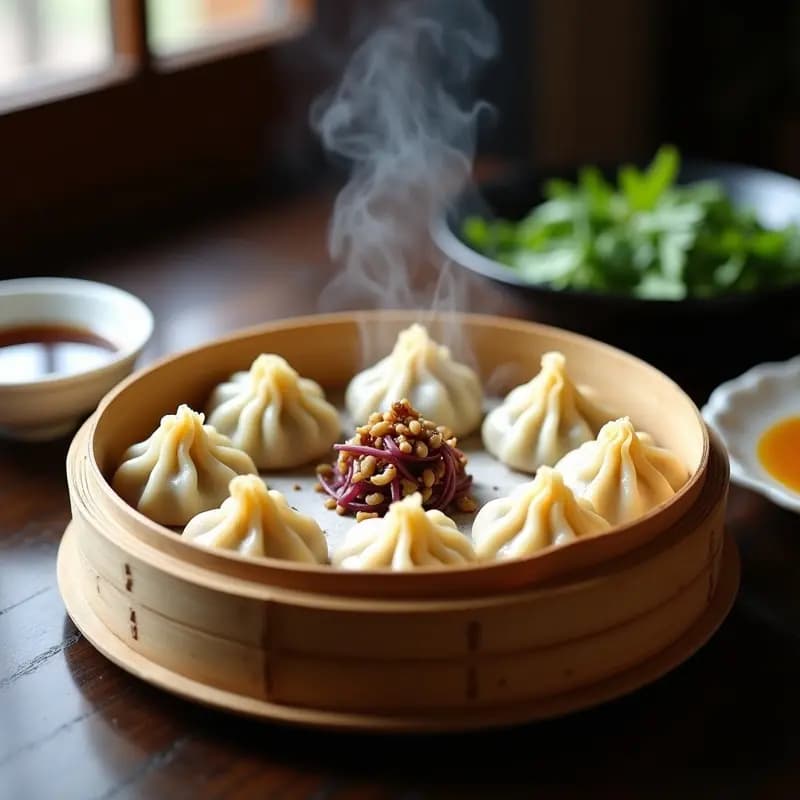 Vaporera de bambú abierta con dumplings veganos de hongos shiitake y cebolla caramelizada, masa translúcida con pliegues decorativos y semillas de sésamo negro. Acompañados de salsa oscura en un cuenco pequeño y hojas de col china de fondo.