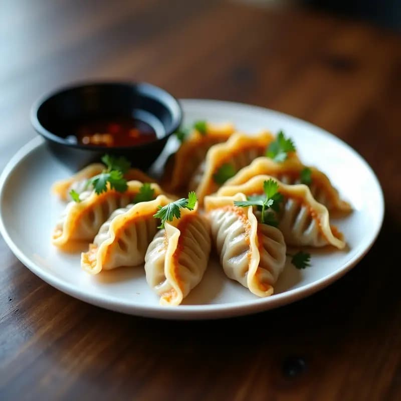 Plato blanco con dumplings dorados y crujientes en forma de media luna, rellenos de hongos ostra y cebolla morada, servidos con salsa de soya oscura y cilantro fresco picado, receta china en airfryer.