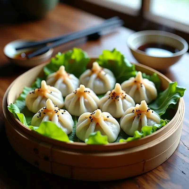 Dumplings al vapor de hongos portobello y cebollino sobre hoja de lechuga en vaporera de bambú, con semillas de sésamo negro espolvoreadas y salsa oscura al lado, receta china sin gluten.