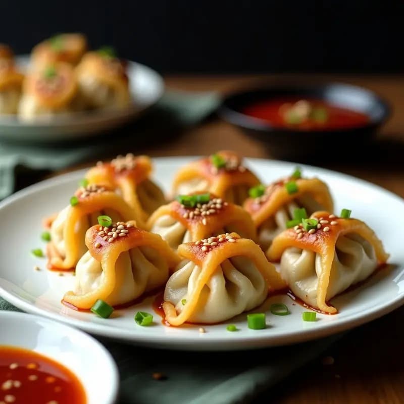 Dumplings dorados y crujientes rellenos de hongos, servidos en un plato de cerámica negra con salsa Szechuan espesa de color rojo oscuro. Decorados con semillas de sésamo negro y hojas de cilantro fresco. Receta vegana en airfryer.