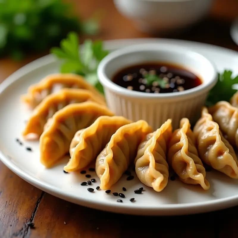 Dumplings dorados en forma de media luna con pliegues en los bordes, rellenos de hongos shiitake y cebolla morada, servidos en un plato de cerámica blanca con salsa de sésamo negro y hojas de cilantro fresco. Receta de dumplings chinos en airfryer sin aceite.