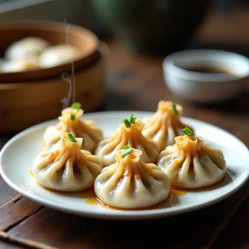 Plato blanco con dumplings al vapor de hongos shiitake y cebolla carmelo, dispuestos en círculo sobre hoja de lechuga, con salsa de soja y cébollino fresco. Receta china en olla exprés.