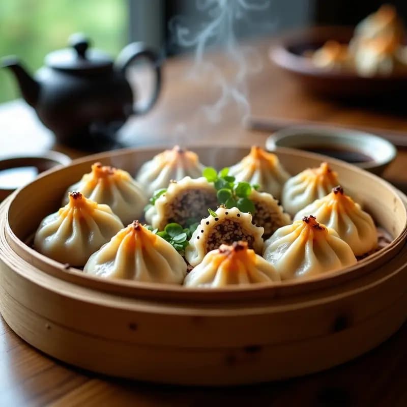 Dumplings chinos al vapor rellenos de hongos shiitake y repollo morado, servidos en una vaporera de bambú con semillas de sésamo y cebollino fresco, receta keto y sin gluten.
