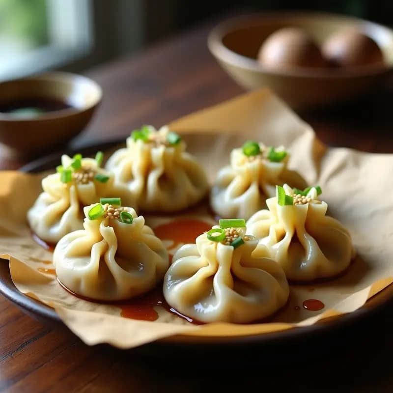 Plato blanco con dumplings de jabalí y repollo al vapor, servidos sobre hojas de repollo verde, acompañados de brotes de soja y cebollino picado, con un cuenco de salsa de soja al lado. Receta tradicional china en olla express.