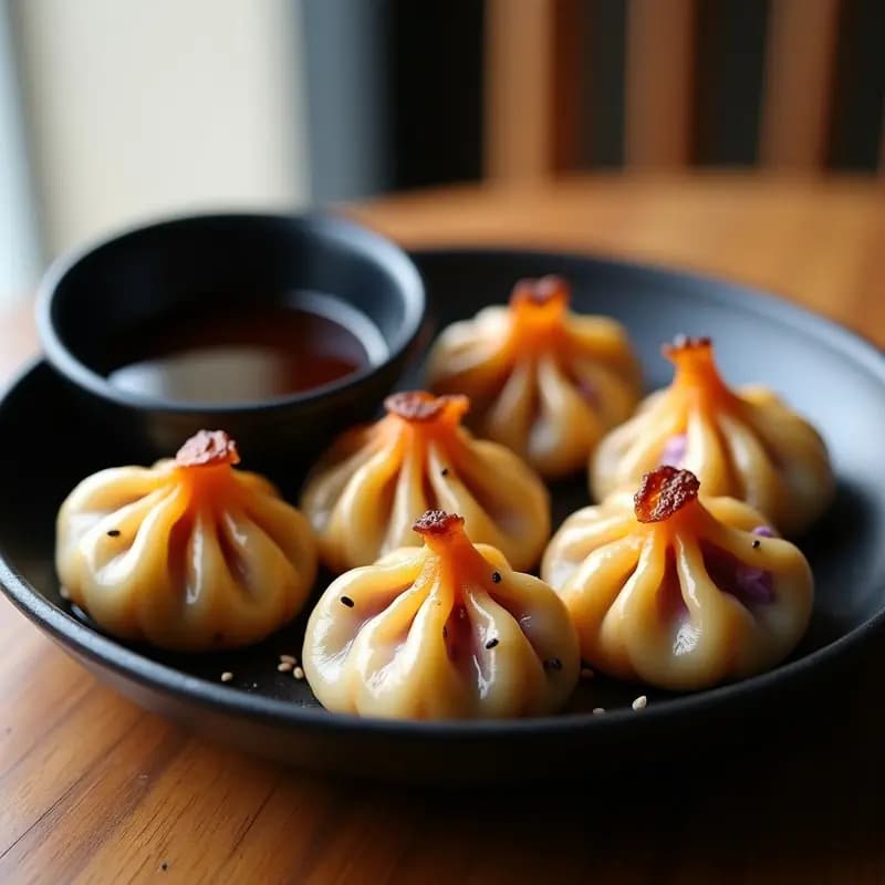 Dumplings japoneses de camote morado y shitake dorados y crujientes en airfryer, servidos en plato negro con topping de nori y sésamo, aperitivo vegano y sin aceite.