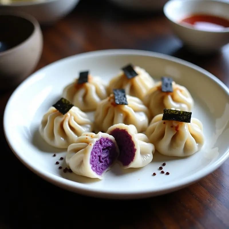 Plato blanco con dumplings japoneses de camote morado y queso de cabra vegano al vapor, decorados con semillas de sésamo negro y tiras de nori, sobre fondo de madera oscura con vapor visible.