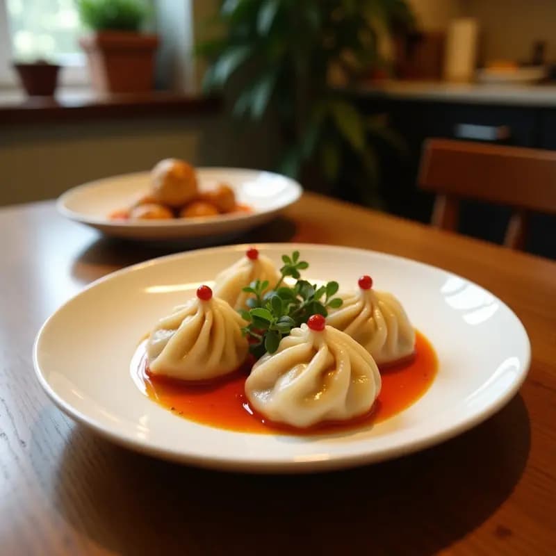 Dumplings dorados en forma de media luna con bordes bien sellados, rellenos de kimchi y cerdo ibérico, servidos en un plato de cerámica negra con salsa gochujang al lado. Receta coreana fusion en airfryer.