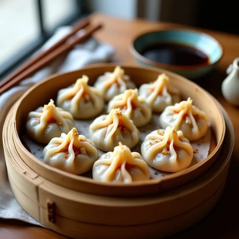 Dumplings coreanos al vapor con relleno de kimchi y cerdo picado, dispuestos en vaporera de bambú sobre fondo de madera oscura, decorados con semillas de sésamo y cebollino fresco.