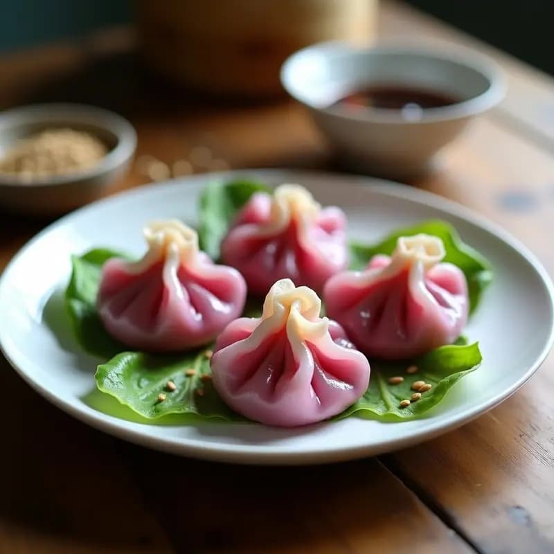 Plato blanco con dumplings de remolacha y queso de cashew al vapor, servidos sobre hoja de lechuga, con salsa de soja y semillas de sésamo espolvoreadas. Receta china vegana con Thermomix, colorido y apetecible.