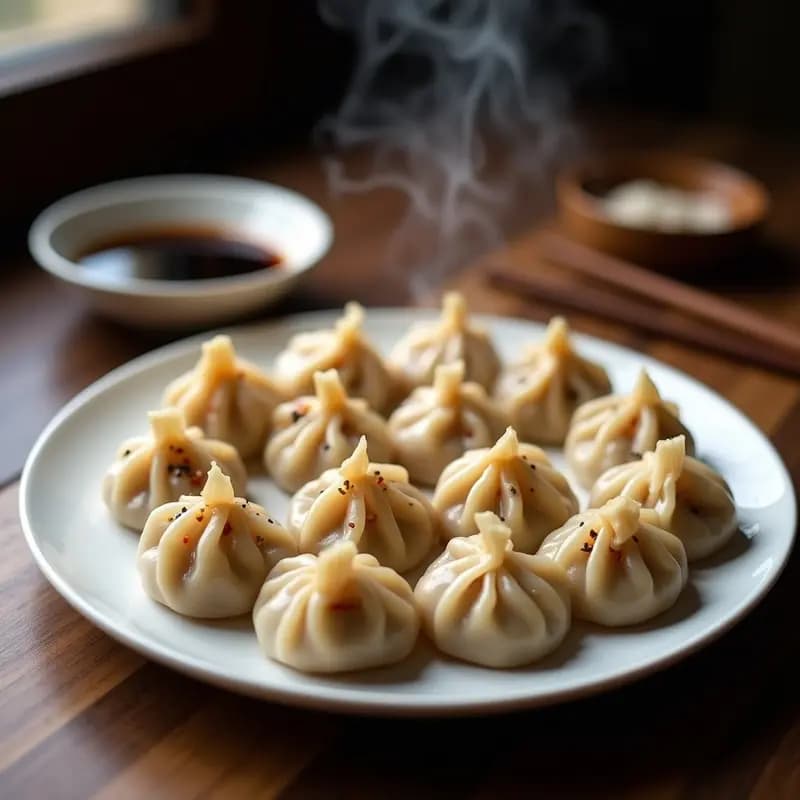 Dumplings veganas de repollo morado y zanahoria al vapor, con masa translúcida y relleno colorido, servidas en plato de bambú con semillas de sésamo y salsa de soja.