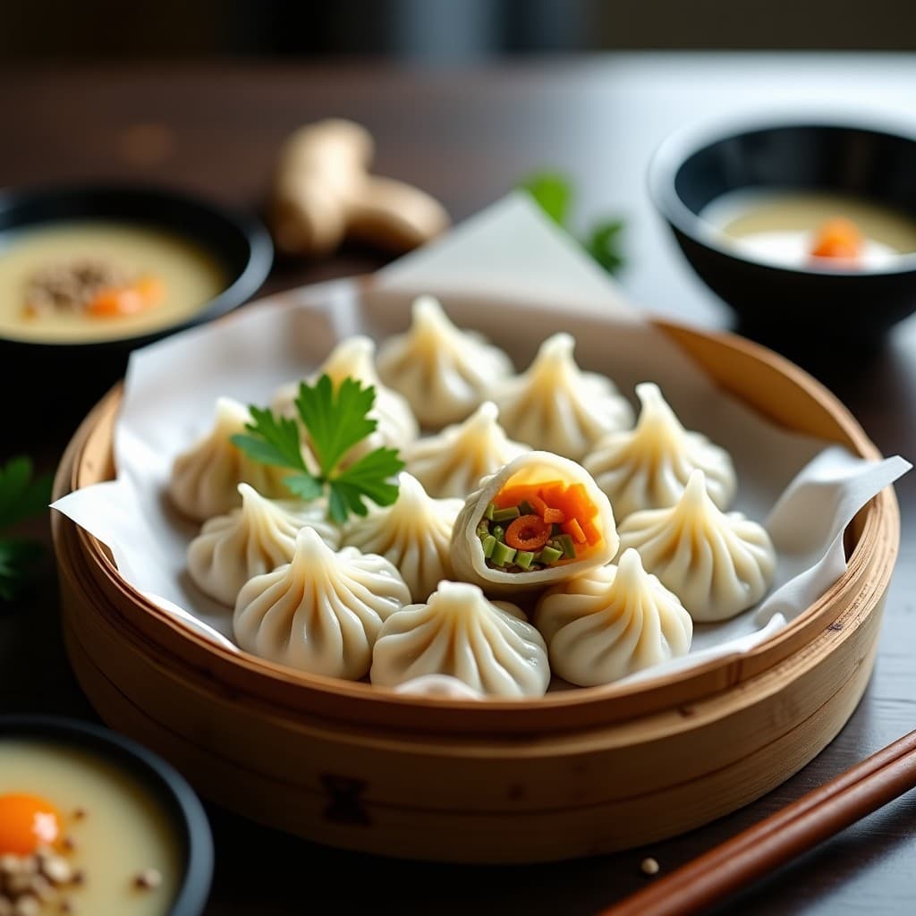 Dumplings de repollo y zanahoria al vapor con salsa de sésamo, servidos en una vaporera de bambú sobre fondo de madera oscura, con semillas de sésamo y cilantro fresco como decoración.