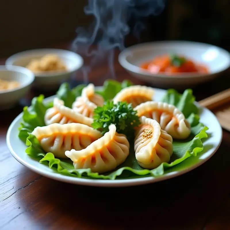 Vaporera de bambú con dumplings de repollo y zanahoria al vapor, hojas translúcidas y relleno jugoso, servidos con semillas de sésamo negro y salsa de soja blanca.