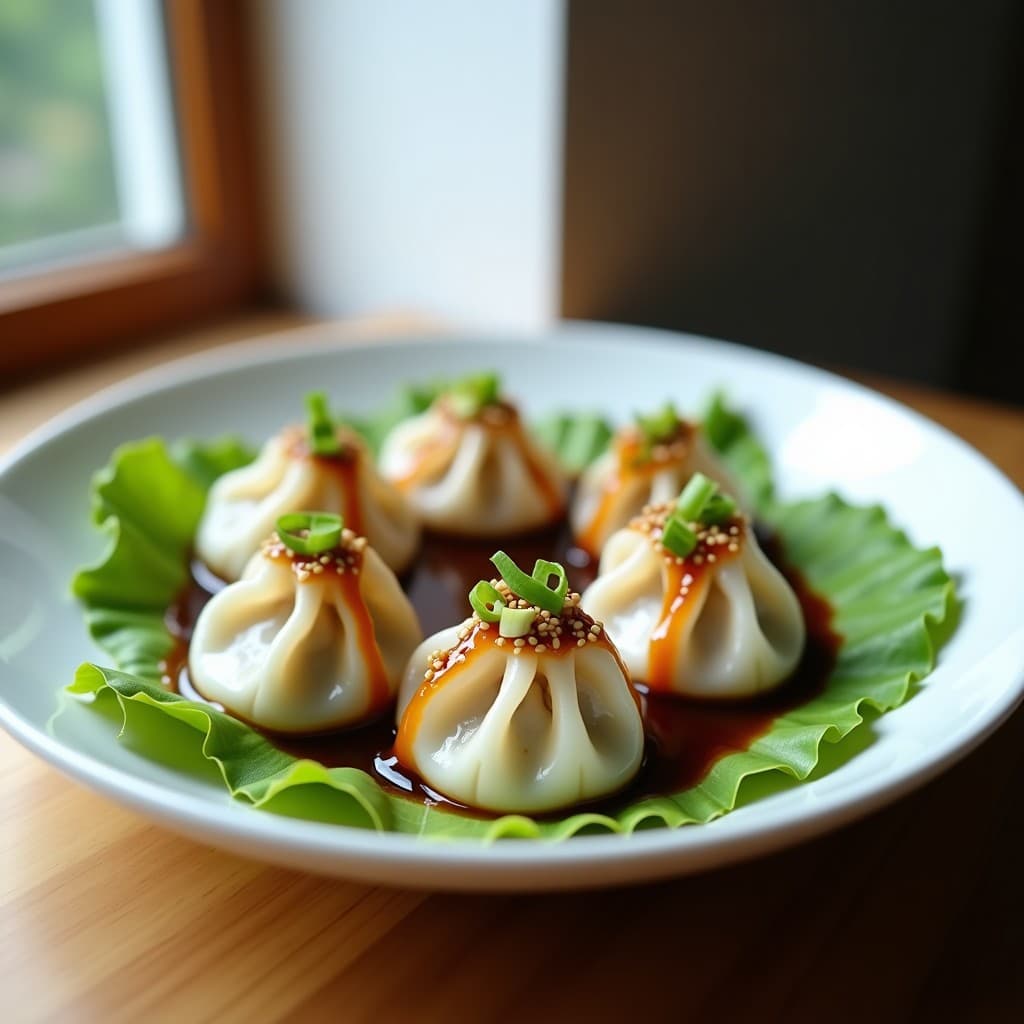 Plato blanco con dumplings de shitake y tofu al vapor, masa translúcida y relleno visible, servidos sobre hojas de lechuga romana, bañados en salsa de tamari y jengibre, decorados con semillas de sésamo y cebollino fresco.