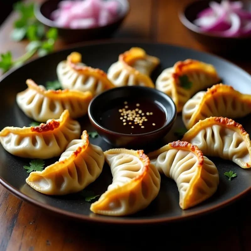Dumplings tibetanos dorados y crujientes en forma de media luna, rellenos de yak y cebolla morada, servidos en un plato de madera oscuro con decoración de cebolla morada picada y un hilo de aceite de sésamo. Receta himalaya en airfryer.