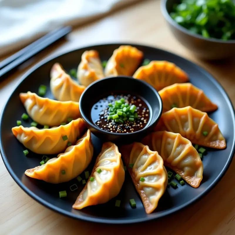 Dumplings dorados y crujientes en forma de media luna con relleno de revuelto de tofu y cebollino, servidos en un plato negro con salsa de sésamo negro y decorados con semillas de sésamo y cebollino fresco, receta vegana china en airfryer.