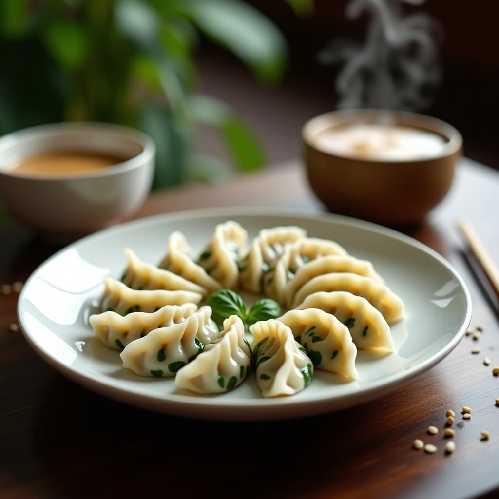 Plato blanco con dumplings de tofu y espinacas al vapor, receta china sin gluten, dispuestos en forma de abanico sobre hoja de stevia, acompañados de salsa de sésamo y limón.