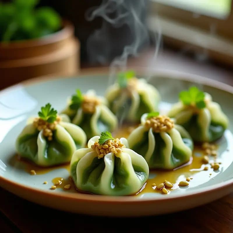 Dumplings al vapor de hongos y jade veganos servidos en una vaporera de bambú, con tonos verdes esmeralda del relleno de espinacas y pistachos, y decorados con cilantro fresco y un hilo de aceite de sésamo.