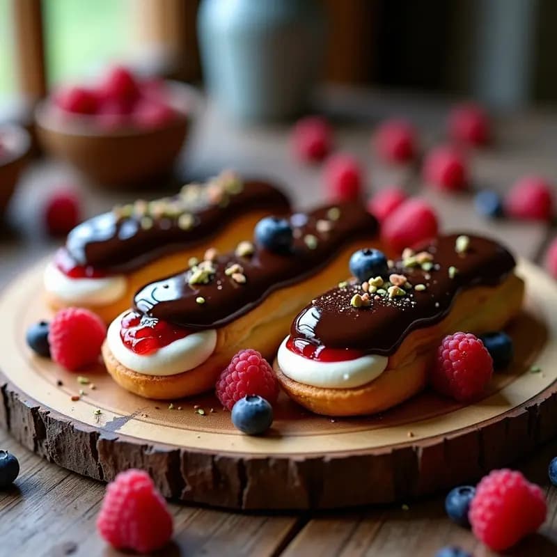 Éclair de mascarpone y frutos rojos con glaseado de chocolate negro brillante, decorado con frambuesas frescas y almendras fileteadas tostadas sobre un plato blanco de porcelana, con fondo desenfocado y luz natural suave.