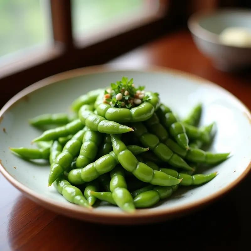 Plato blanco con edamame japonés cocido, espolvoreado con sal marina en escamas, semillas de sésamo negro y cáscara de limón rallada. Acompañado de palillos de madera sobre una mesa rústica.