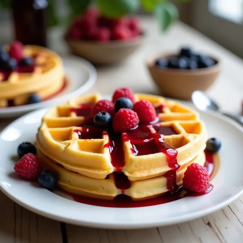 HK Style Egg Waffles keto dorados y esponjosos en forma de panal, servidos en un plato blanco con mermelada de frutos rojos sin azúcar y frutos rojos frescos por encima. Receta de desayuno chino keto en airfryer.