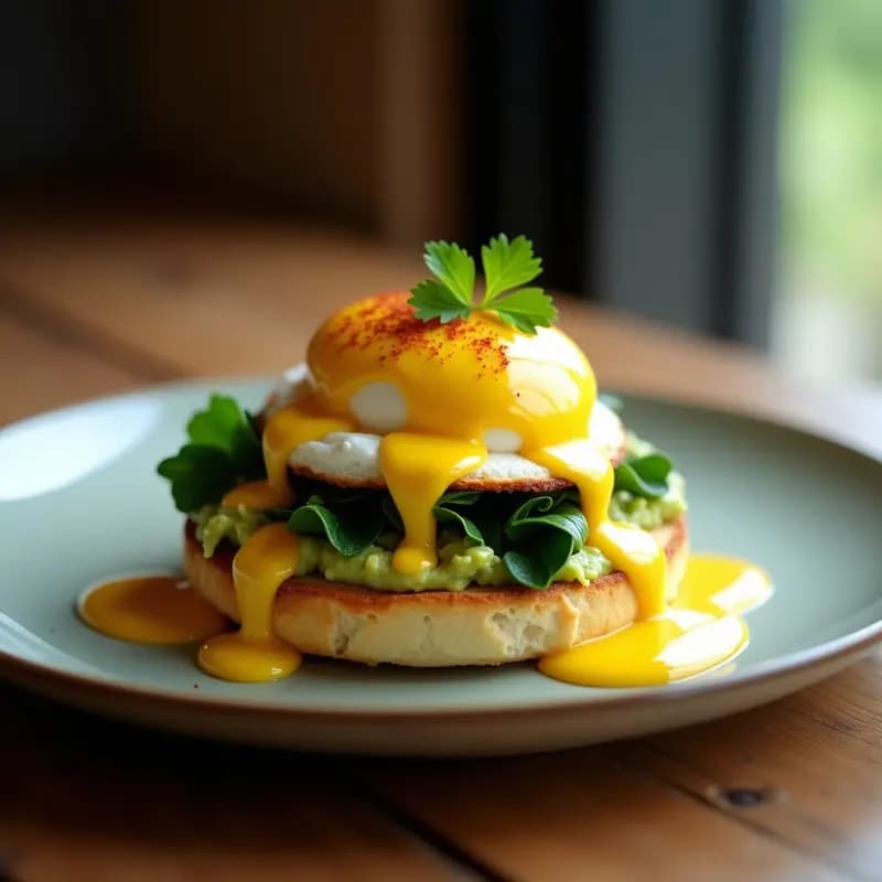 Plato de Eggs Benedict vegano con panecillo inglés tostado, espinacas salteadas, aguacate cremoso, huevo vegano pochado de tofu y salsa holandesha vegana amarilla y brillante, decorado con pimentón ahumado sobre fondo rústico de madera.