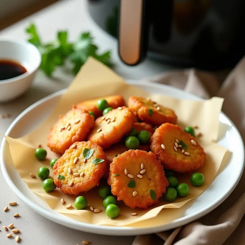 Emadame de edamame y guisantes dorados y crujientes en un plato de madera, espolvoreados con semillas de sésamo tostadas, acompañados de un bol pequeño con salsa de soja y vinagre de arroz. Aperitivo japonés saludable hecho en airfryer sin aceite.