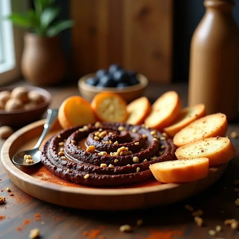 Plato de madera rústico con embutido de berenjena ahumada y nueces vegano, textura cremosa y color oscuro, decorado con nueces picadas y pimentón espolvoreado, acompañado de rebanadas de pan de cristal tostado. Receta española para untar.