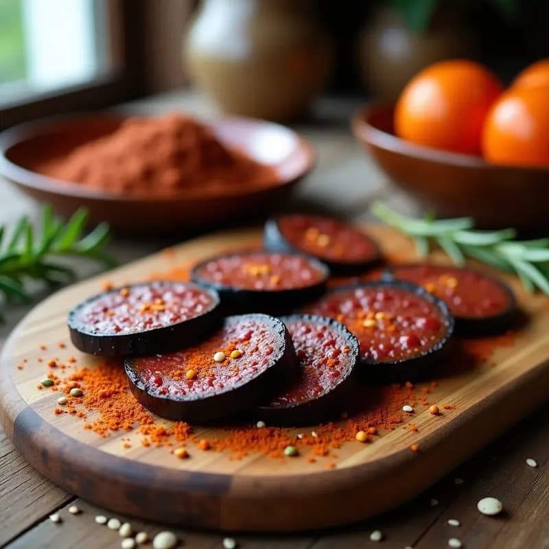 Rodajas de embutido vegano de berenjena y pimentón ahumado sobre tabla de madera, con textura firme y corteza dorada, ideal para bocadillos.