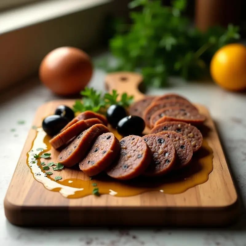 Lonchas finas de embutido vegano de lentejas y aceitunas negras dispuestas en un plato de madera rústico, con aceitunas decorativas y un hilo de aceite de oliva virgen extra. Receta española para tupper, alta en proteína.
