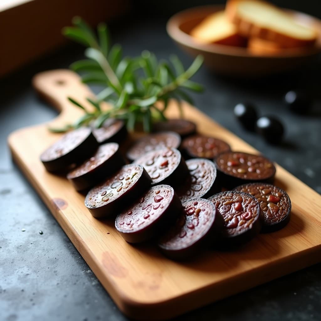 Rodajas de embutido vegano de berenjena y lentejas Beluga en tabla de madera, con textura firme y color oscuro. Acompañado de aceitunas y pan tostado, receta española en Thermomix sin aceite.