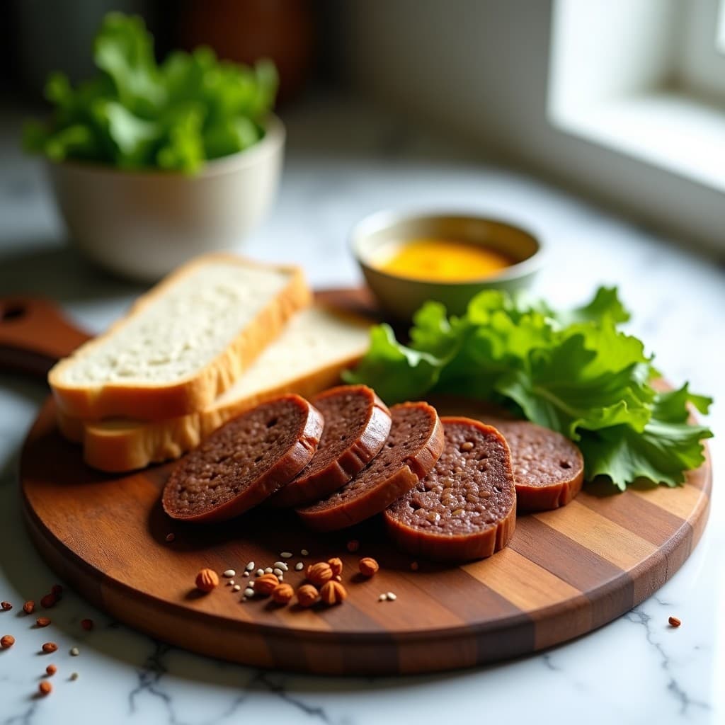 Lonchas de embutido vegano de lentejas y zanahoria con especias ahumadas, servidas en un plato de madera con pan sin gluten y hojas de lechuga, receta para sandwiches.